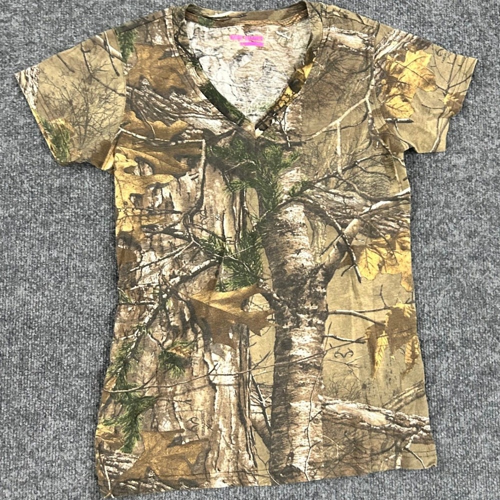 Game Winner T-Shirt Womens Size M Brown Camo V-Neck Short Sleeve Casual Cotton
